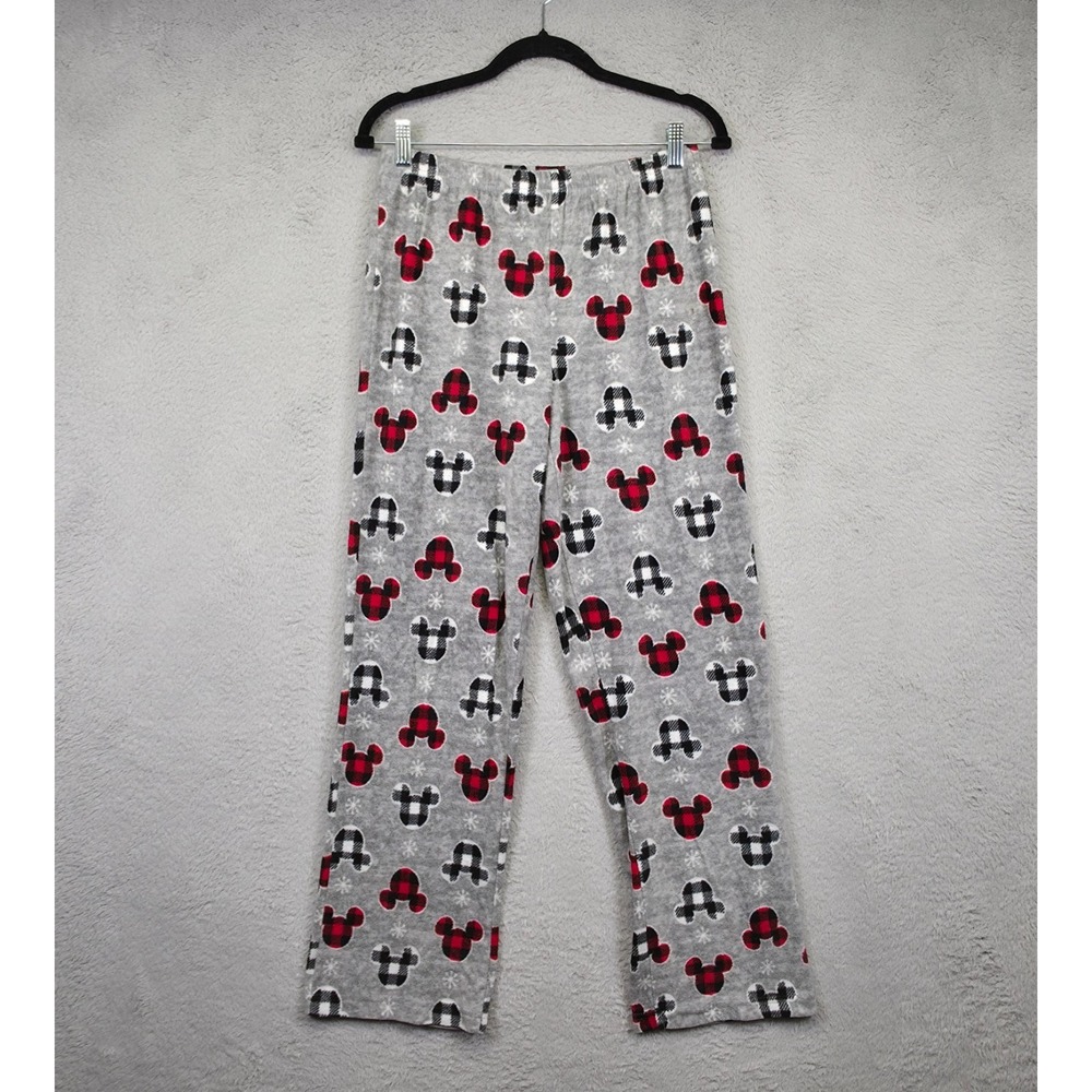 Disney Pajama Pants Womens S Gray Plaid Holiday Fleece Lined Mickey Mouse Lounge - Picture 1 of 11